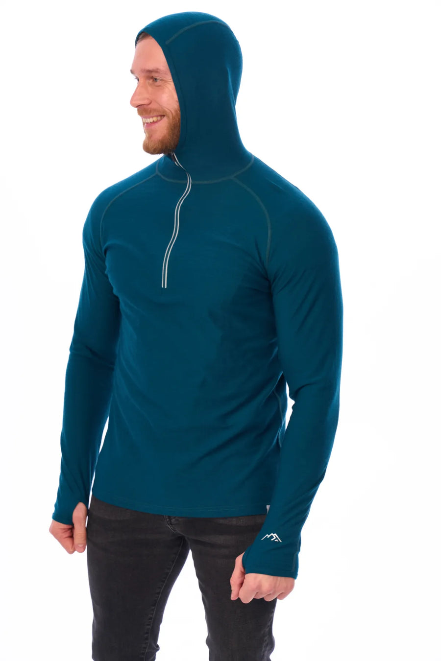 Men's Merino Wool Half Zip Hoodie 190 Deep Teal — view 3