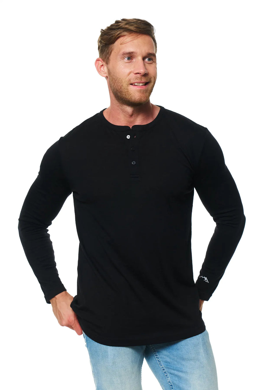 Men's Merino Wool Long Sleeve Henley Shirt 170 Black — view 3