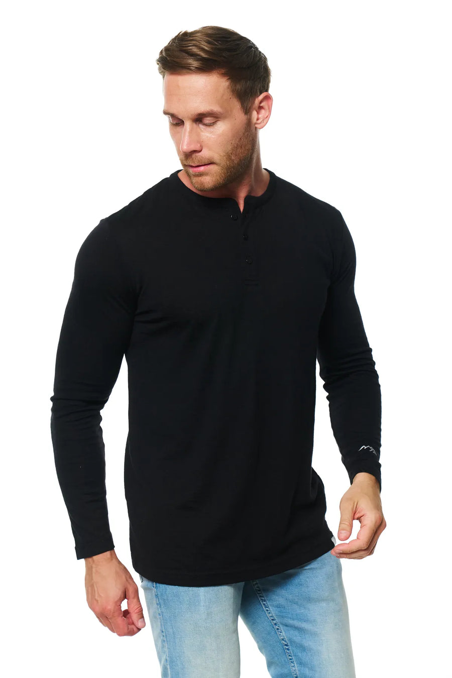 Men's Merino Wool Long Sleeve Henley Shirt 170 Black — view 4