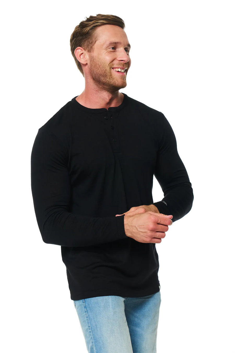 Men's Merino Wool Long Sleeve Henley Shirt 170 Black — view 5