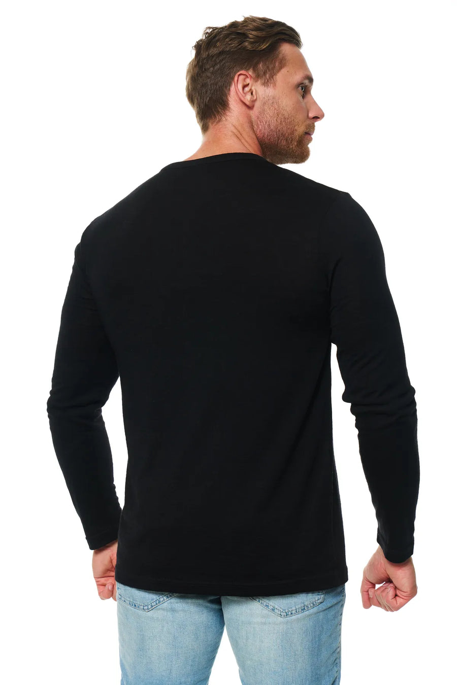 Men's Merino Wool Long Sleeve Henley Shirt 170 Black — view 2