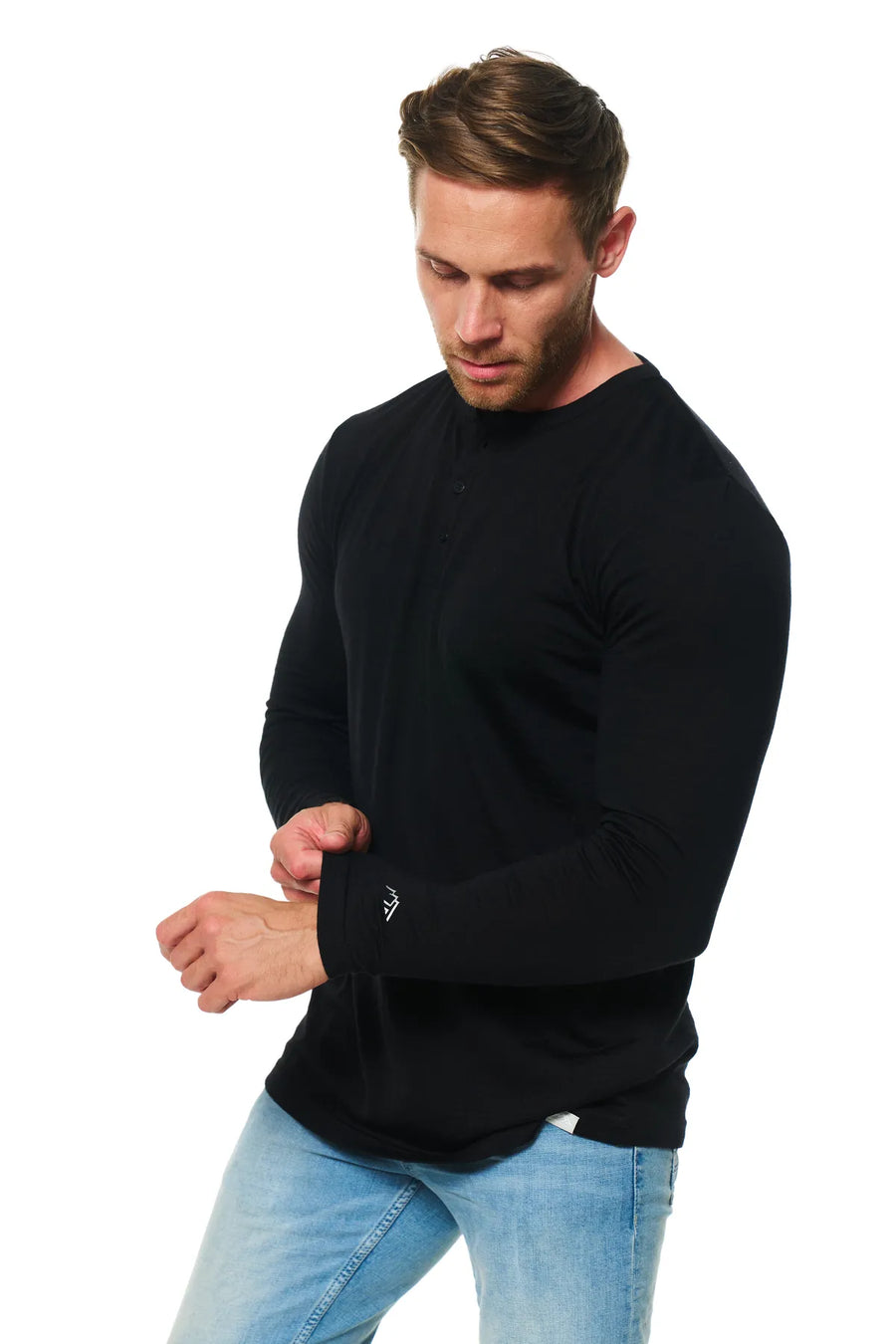 Men's Merino Wool Long Sleeve Henley Shirt 170 Black — view 6