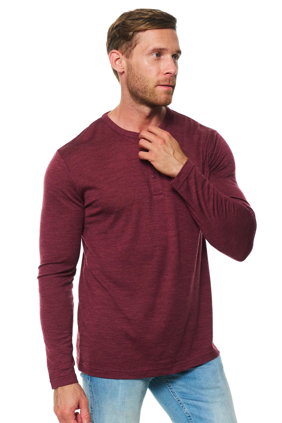 Men's Merino Wool Long Sleeve Henley Shirt 170 Burgundy — view 4