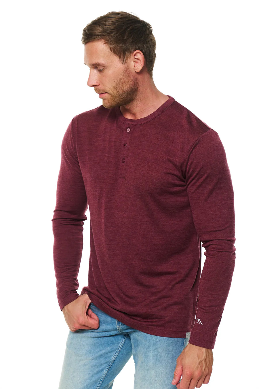 Men's Merino Wool Long Sleeve Henley Shirt 170 Burgundy — view 3