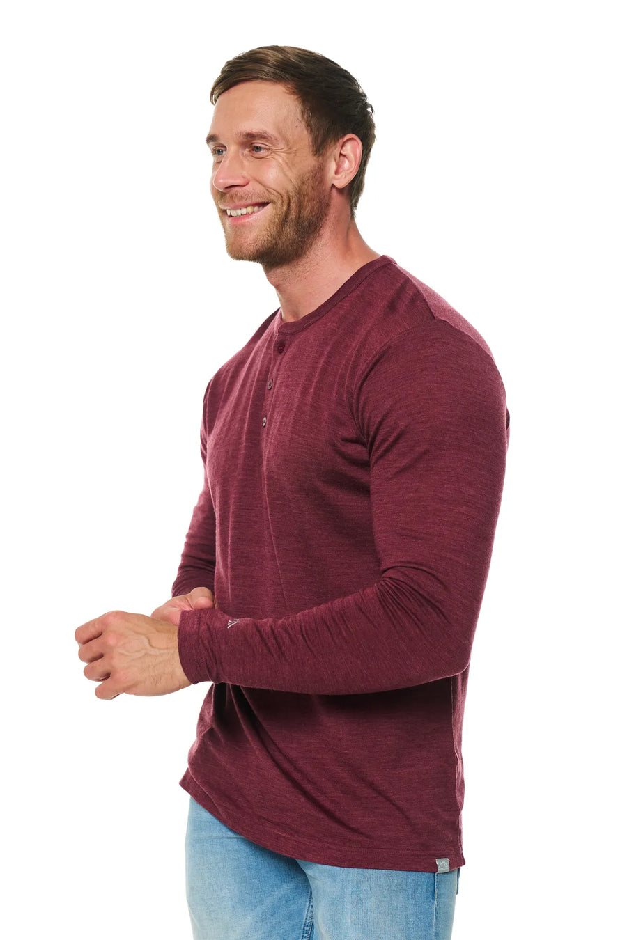 Men's Merino Wool Long Sleeve Henley Shirt 170 Burgundy — view 5