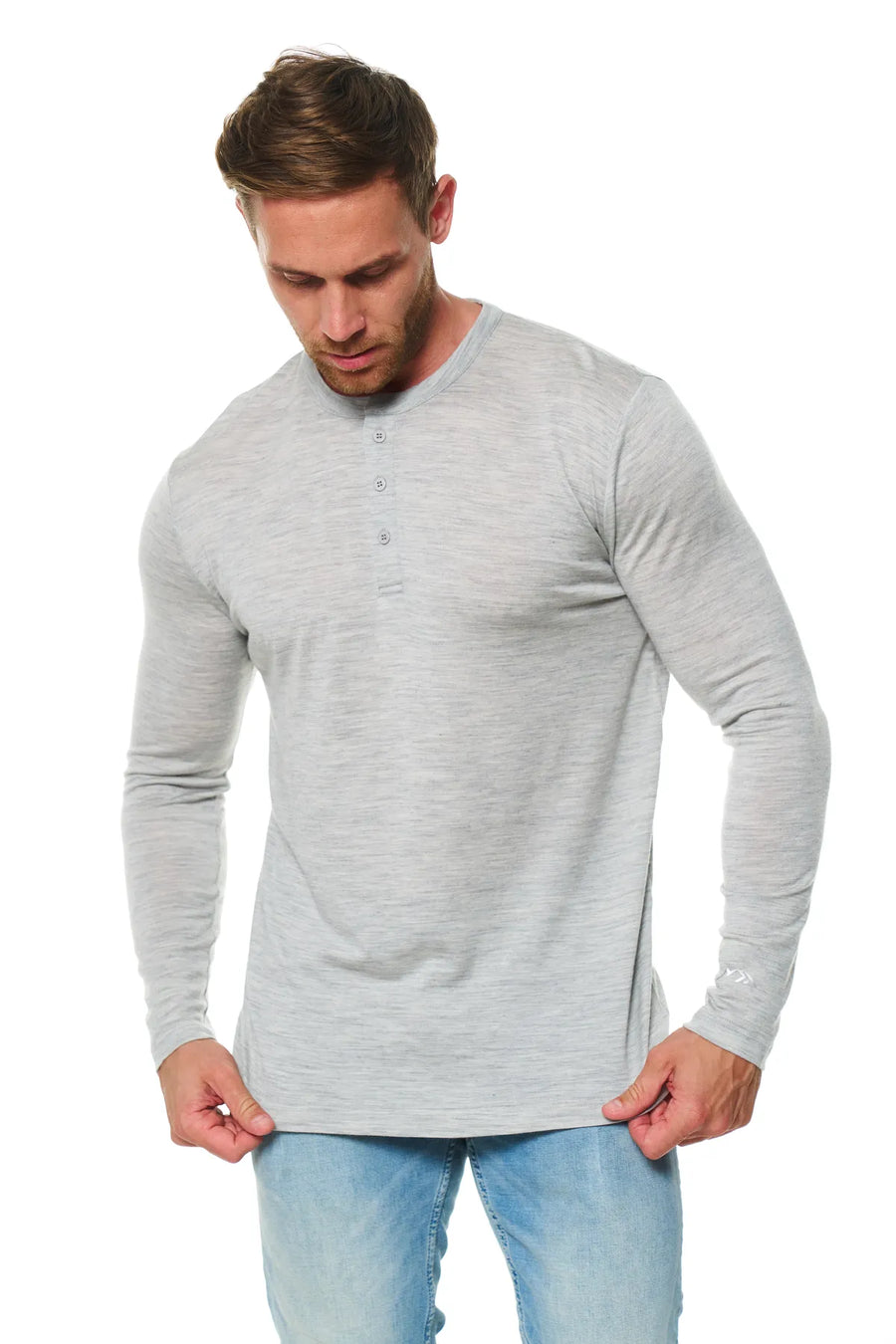 Men's Merino Wool Henley Long Sleeve 170 Heathered Grey — view 4