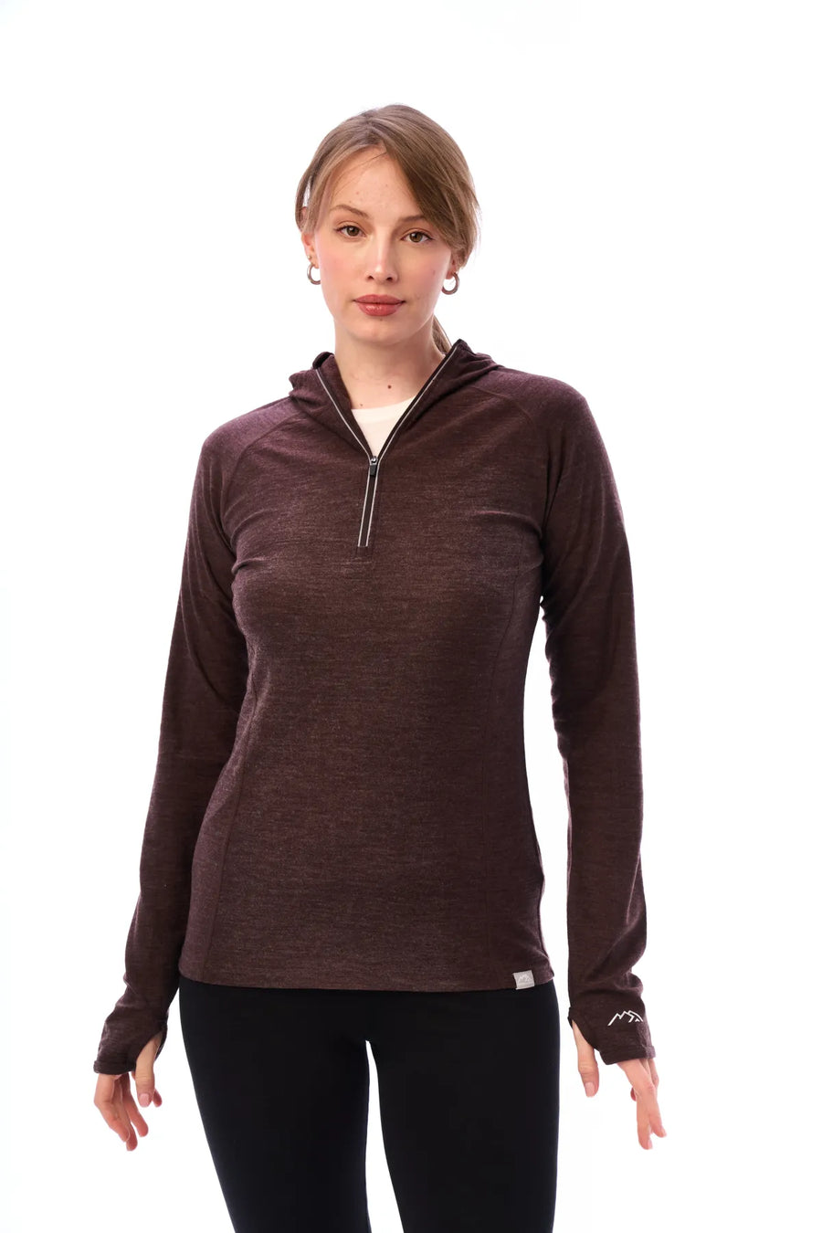Women's Merino Wool Half Zip Hoodie 190 Chocolate — view 4