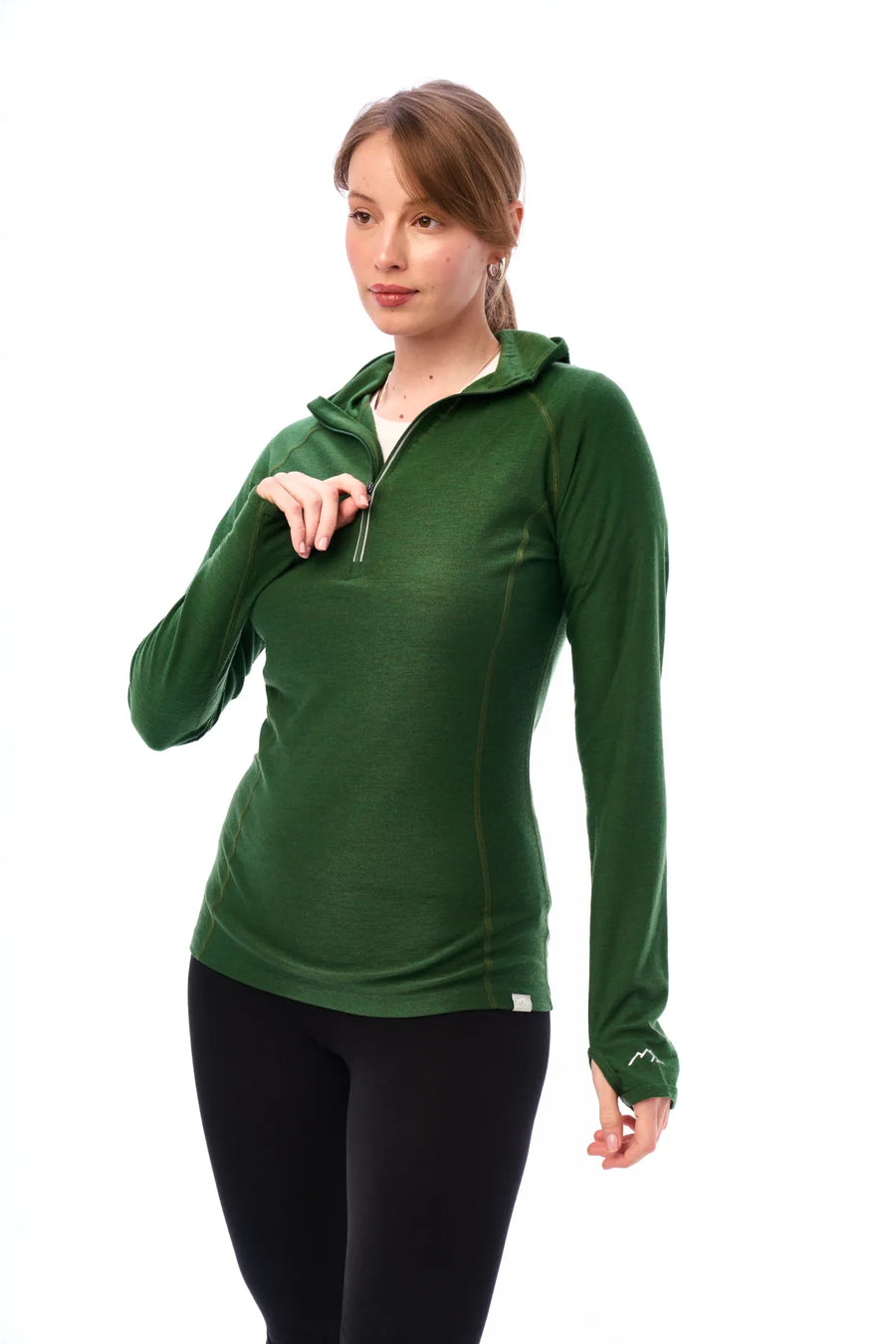 Women's Merino Wool Half Zip Hoodie 190 Olive — view 4