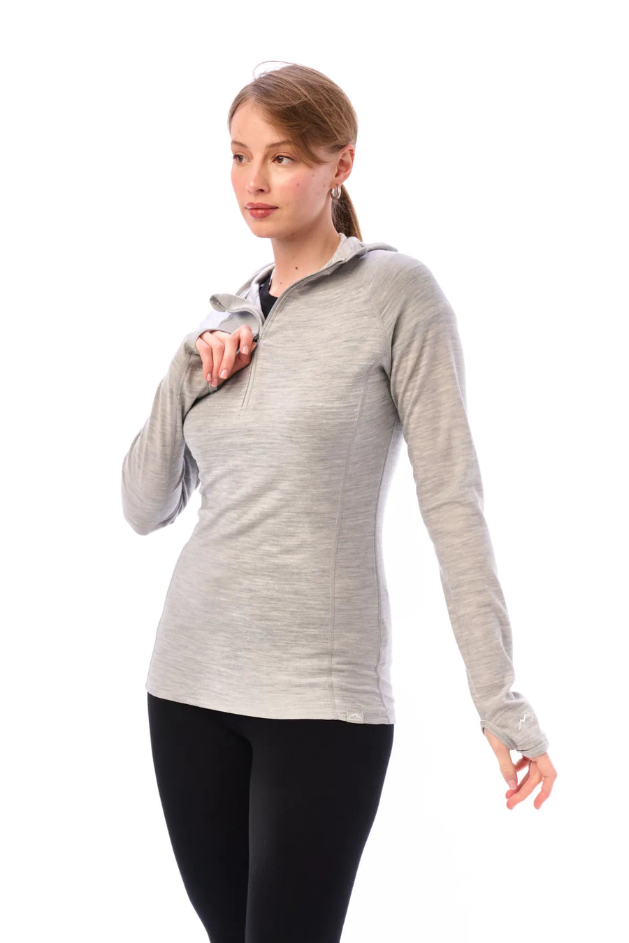 Women's Merino Wool Half Zip Hoodie 190 Heather Grey — view 4