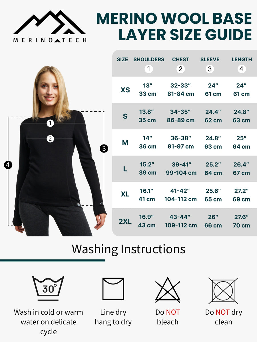 Women's merino long sleeve size chart