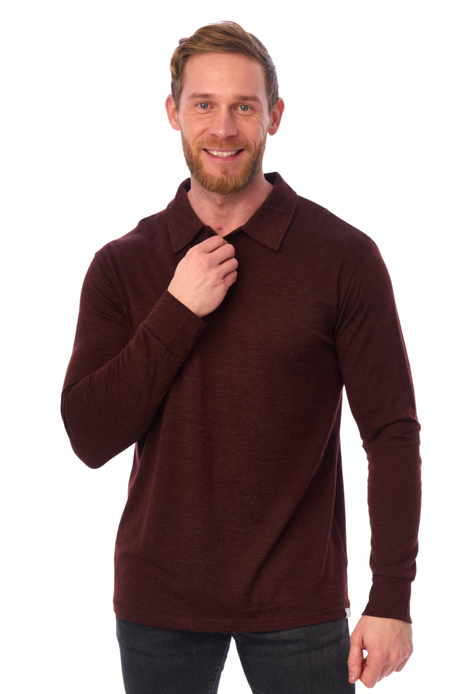 Men's Merino Wool Long Sleeve Polo Bordo — view 3