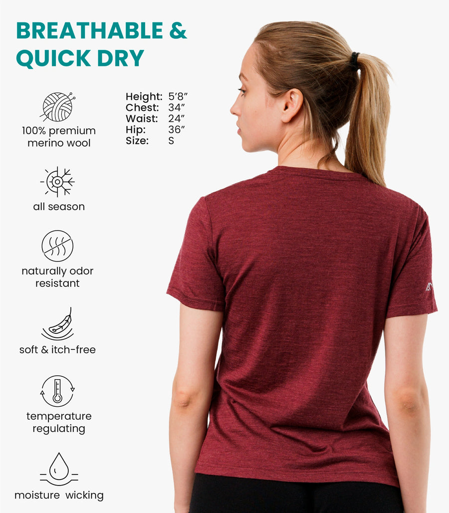 Women's Merino T-shirt 180 Burgundy Crewneck — back view