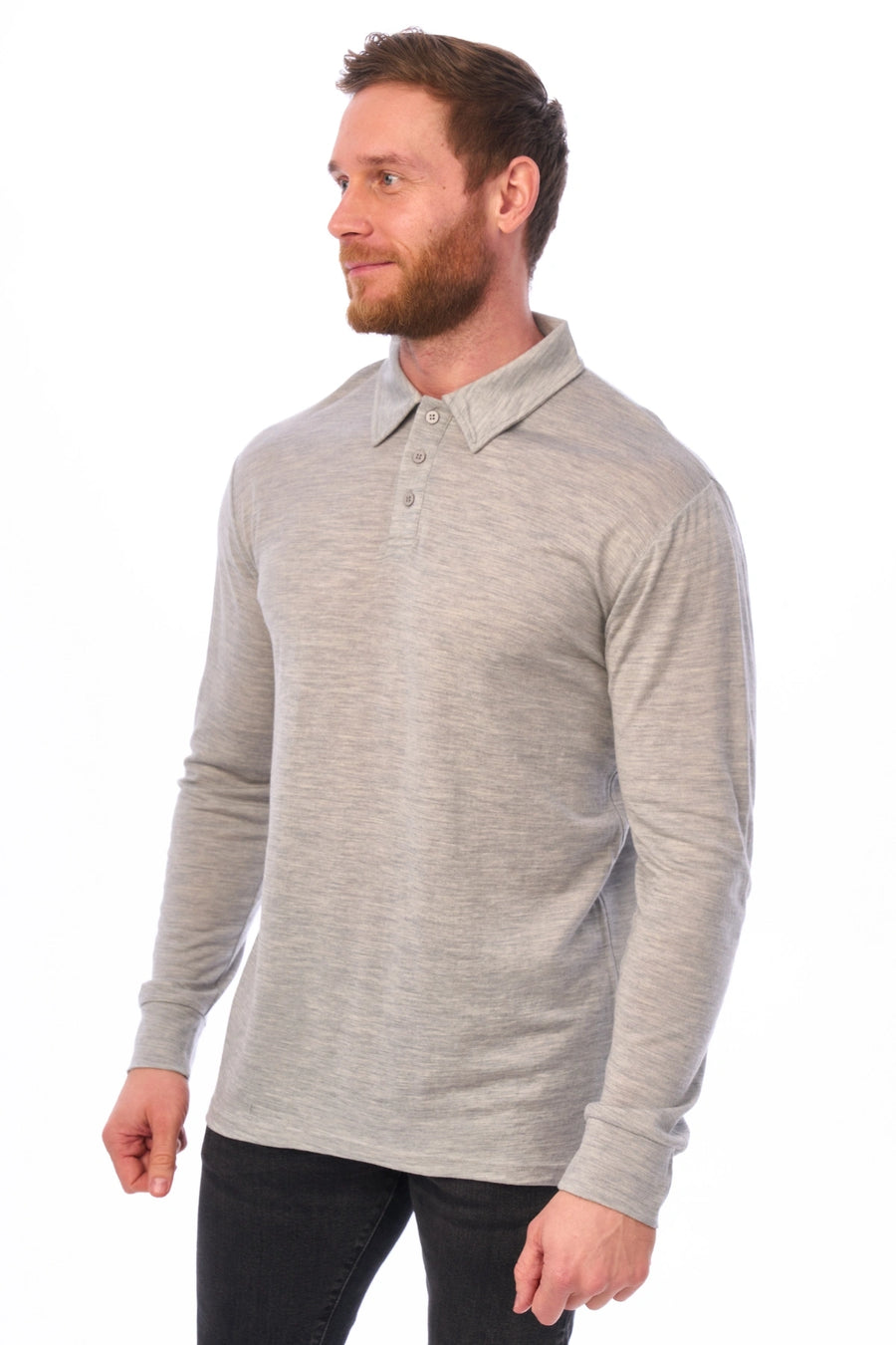 Men's Merino Wool Long Sleeve Polo Heather Grey — view 5