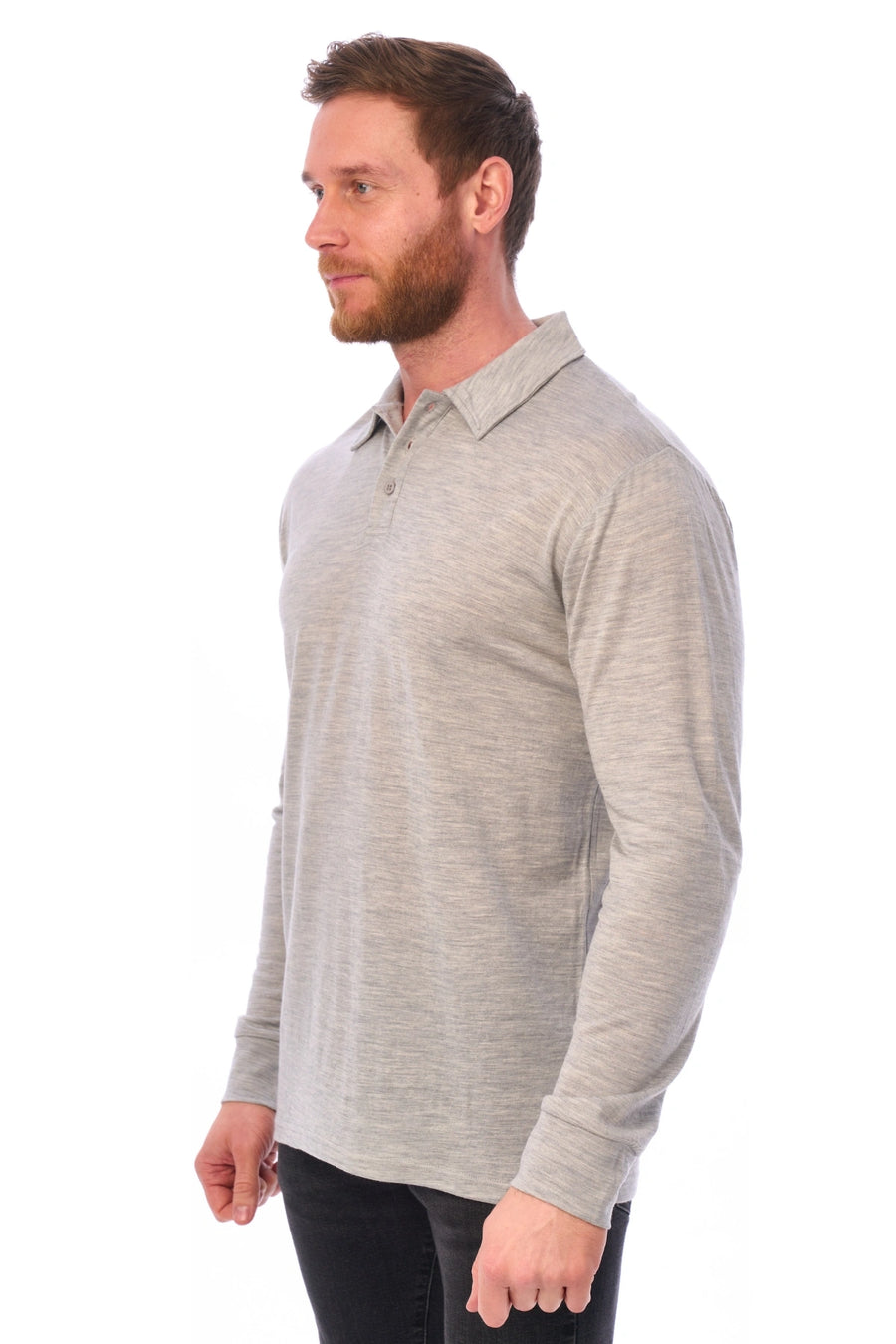 Men's Merino Wool Long Sleeve Polo Heather Grey — view 6