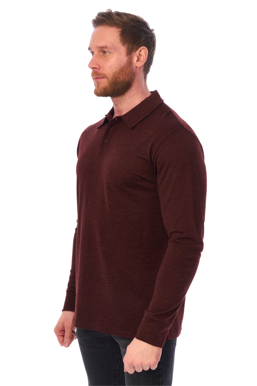 Men's Merino Wool Long Sleeve Polo Bordo — view 5