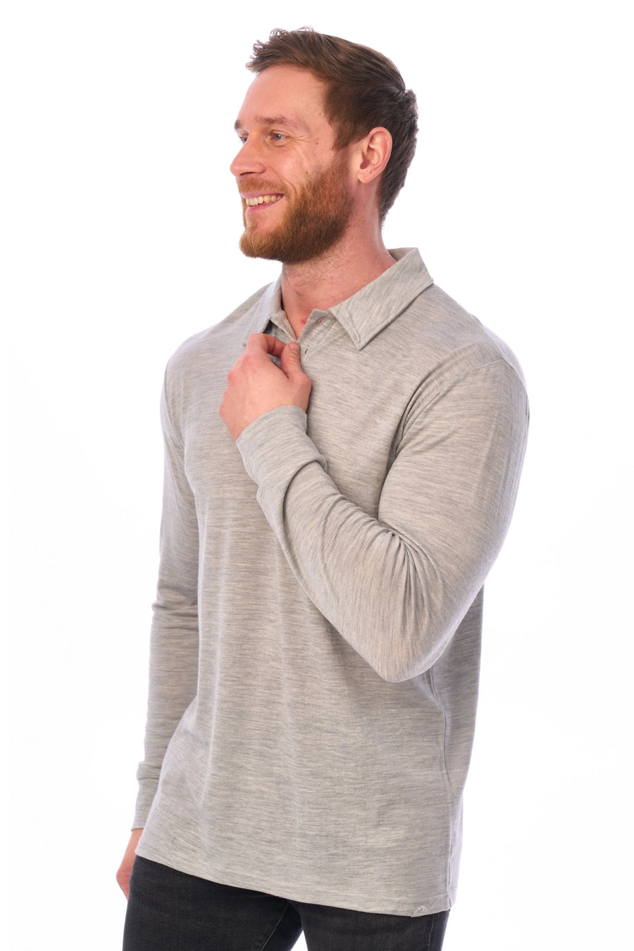Men's Merino Wool Long Sleeve Polo Heather Grey — view 7
