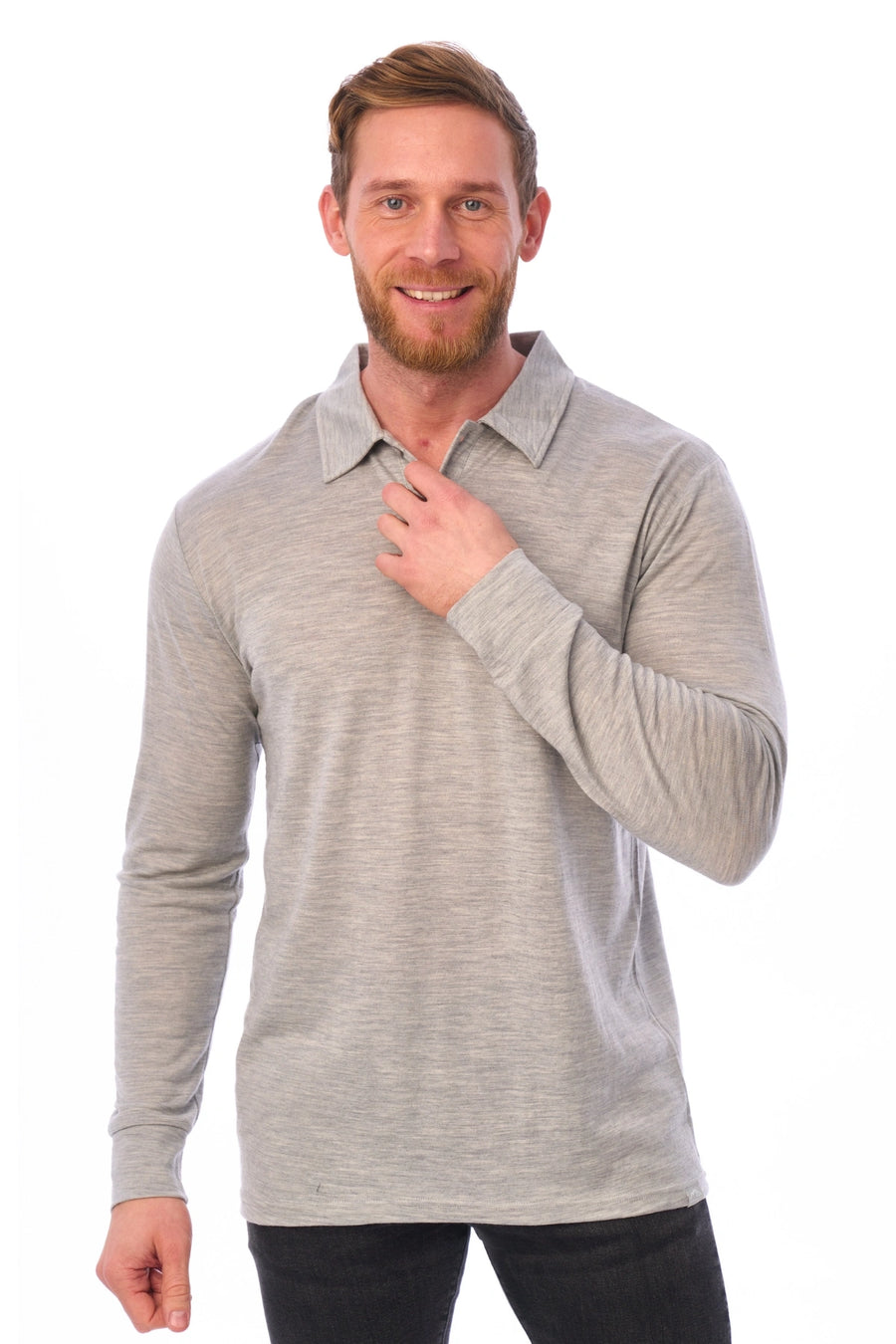 Men's Merino Wool Long Sleeve Polo Heather Grey — view 4