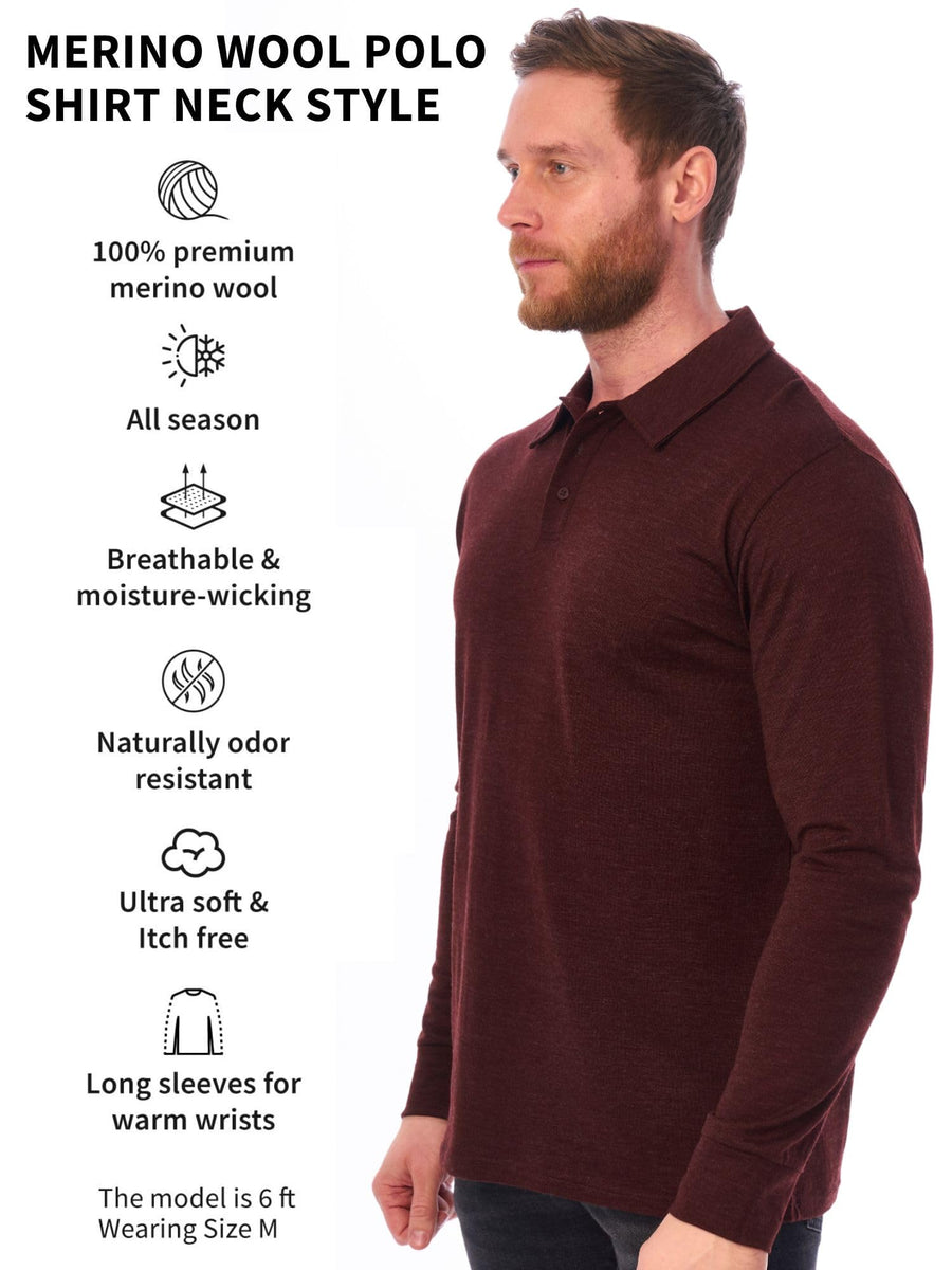 Men's Merino Wool Long Sleeve Polo Bordo — view 7