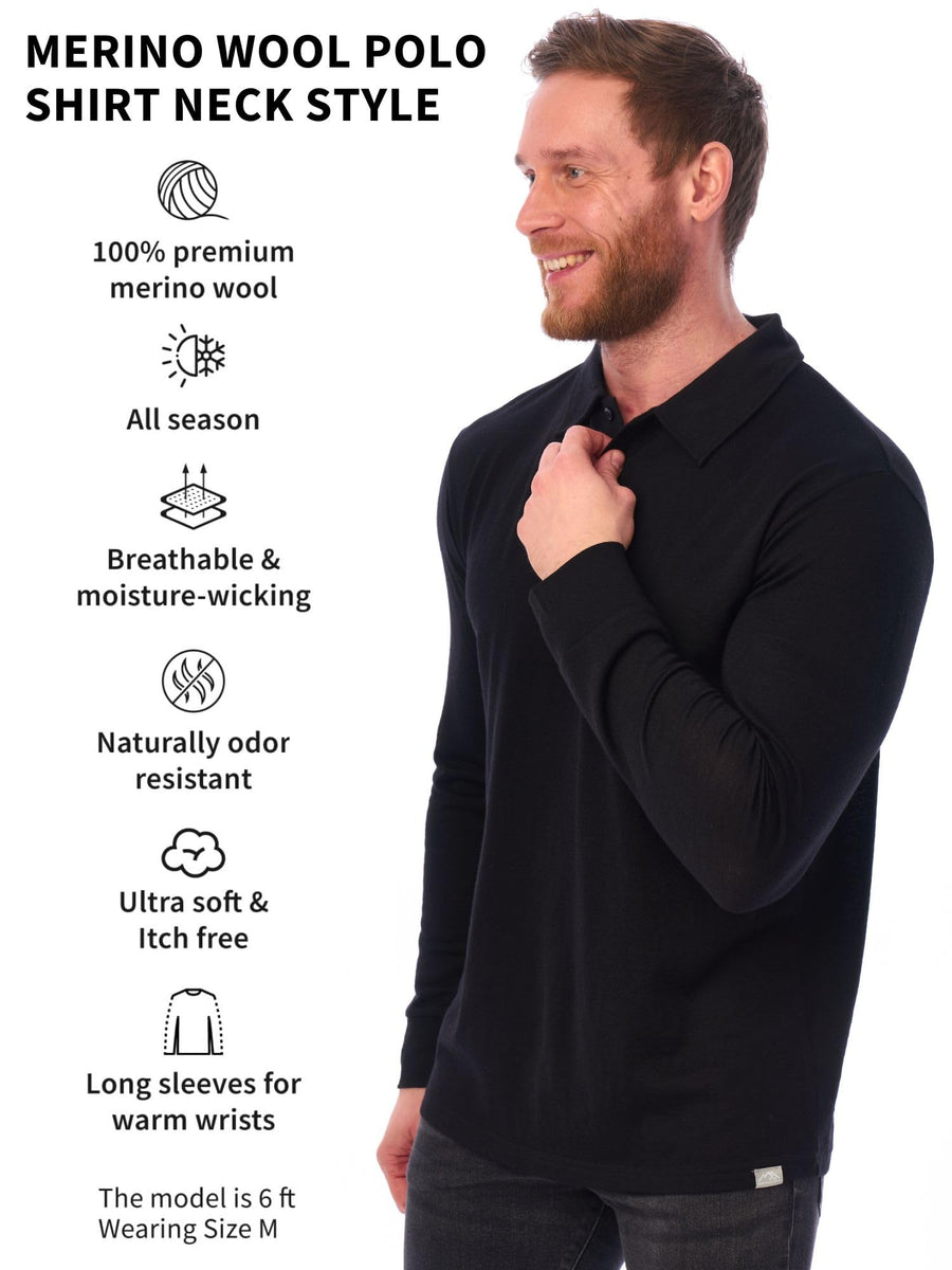 Men's Merino Wool Long Sleeve Polo Black — view 3