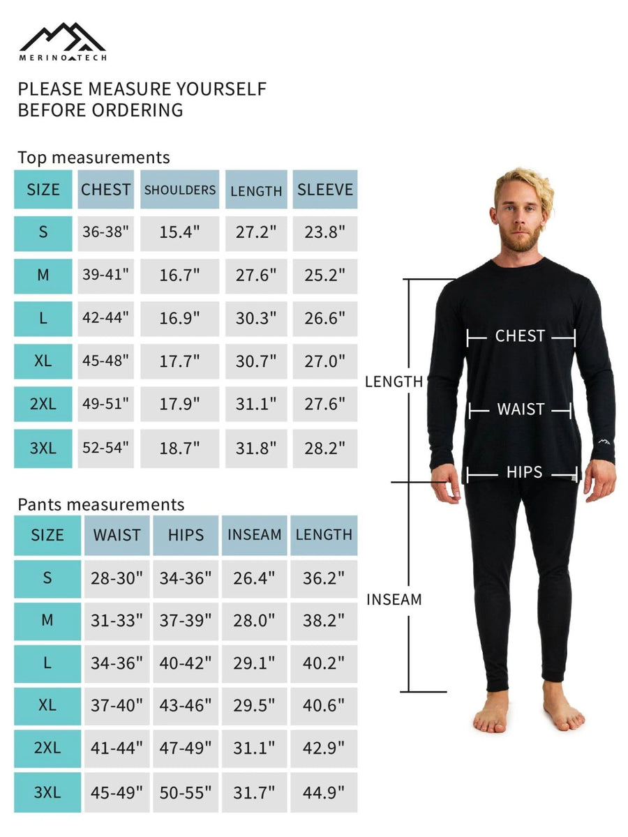 Men's merino thermal set size chart