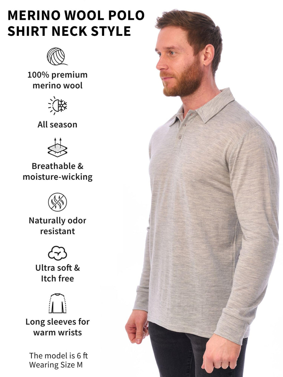 Men's Merino Wool Long Sleeve Polo Heather Grey — view 8