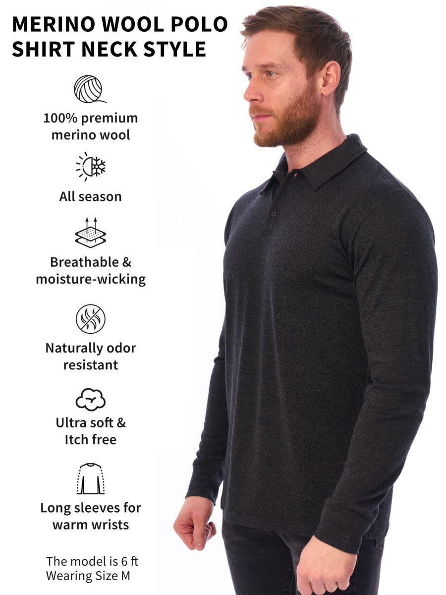 Men's Merino Wool Long Sleeve Polo Charcoal — view 3