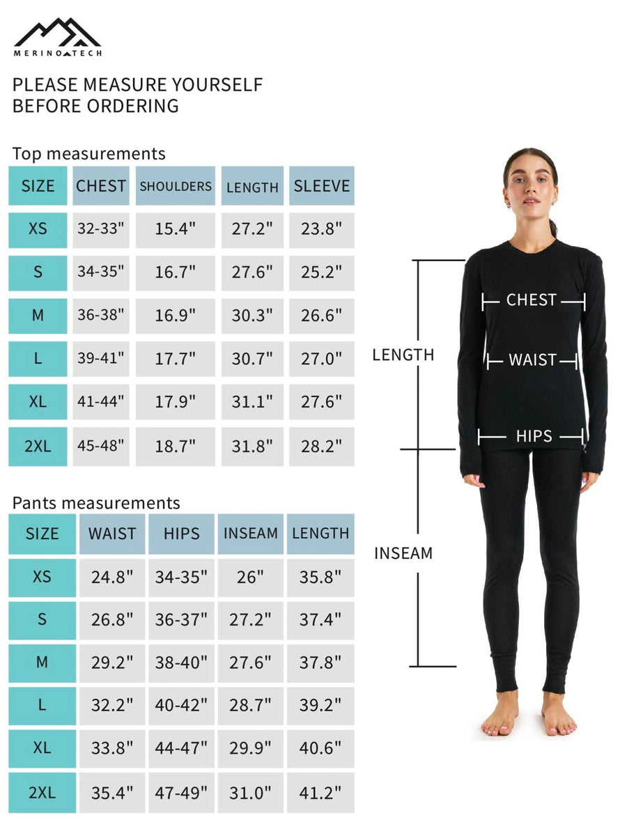 Women's merino thermal set size chart