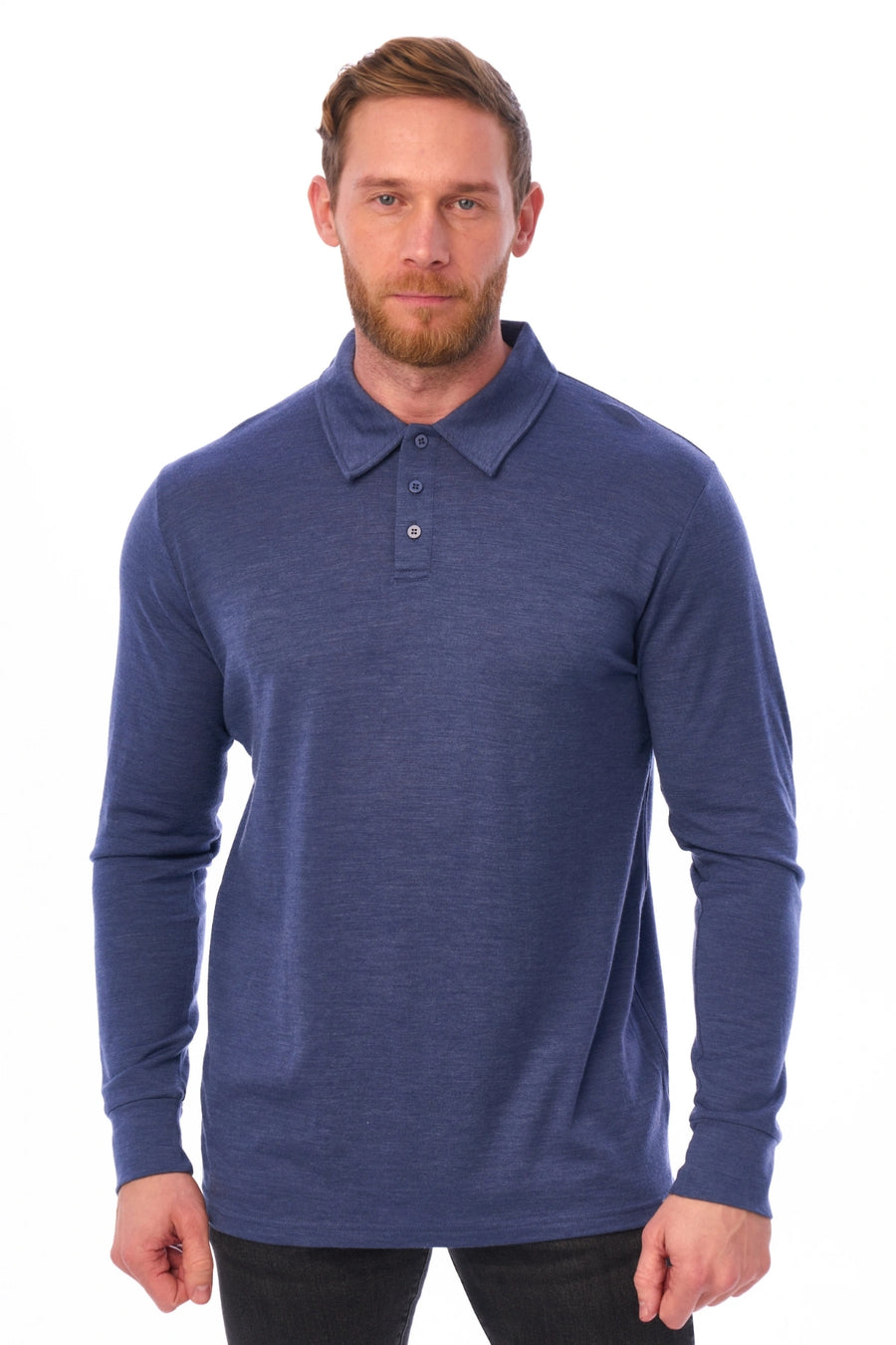 Men's Merino Wool Long Sleeve Polo Grey Blue — view 3