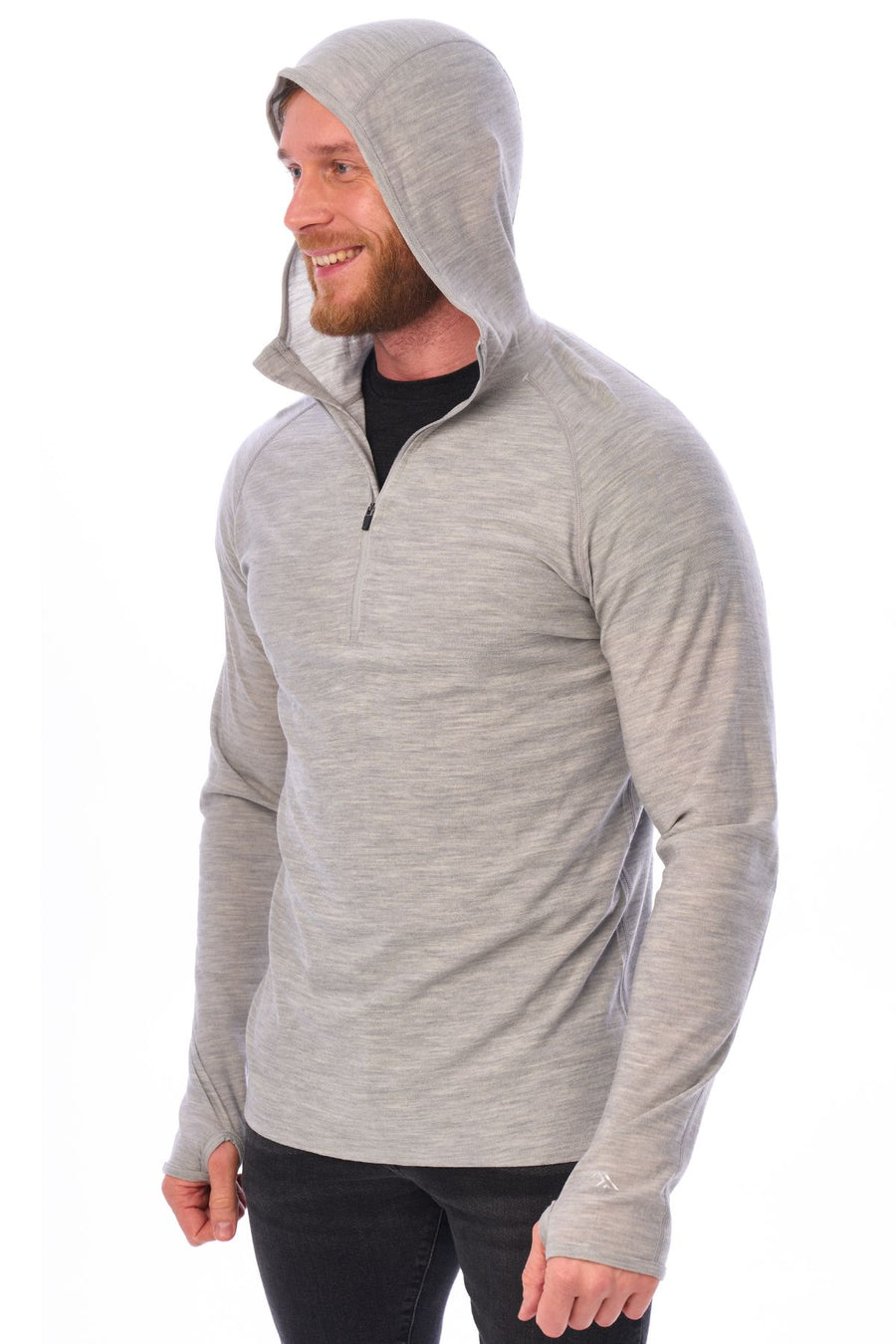 Men's Merino Wool Half Zip Hoodie 190 Heather Grey — view 3