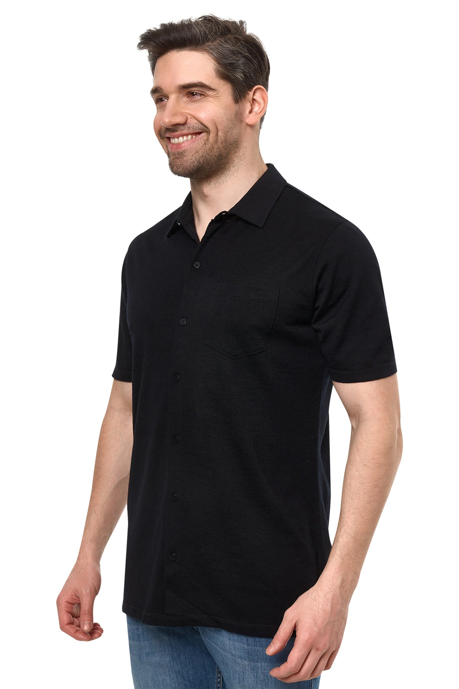 Men's Merino Button-Up Short Sleeve Shirt Black — view 2