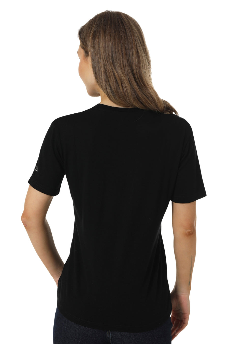 Women's Merino T-shirt 180 Black Crewneck with socks — back view 2