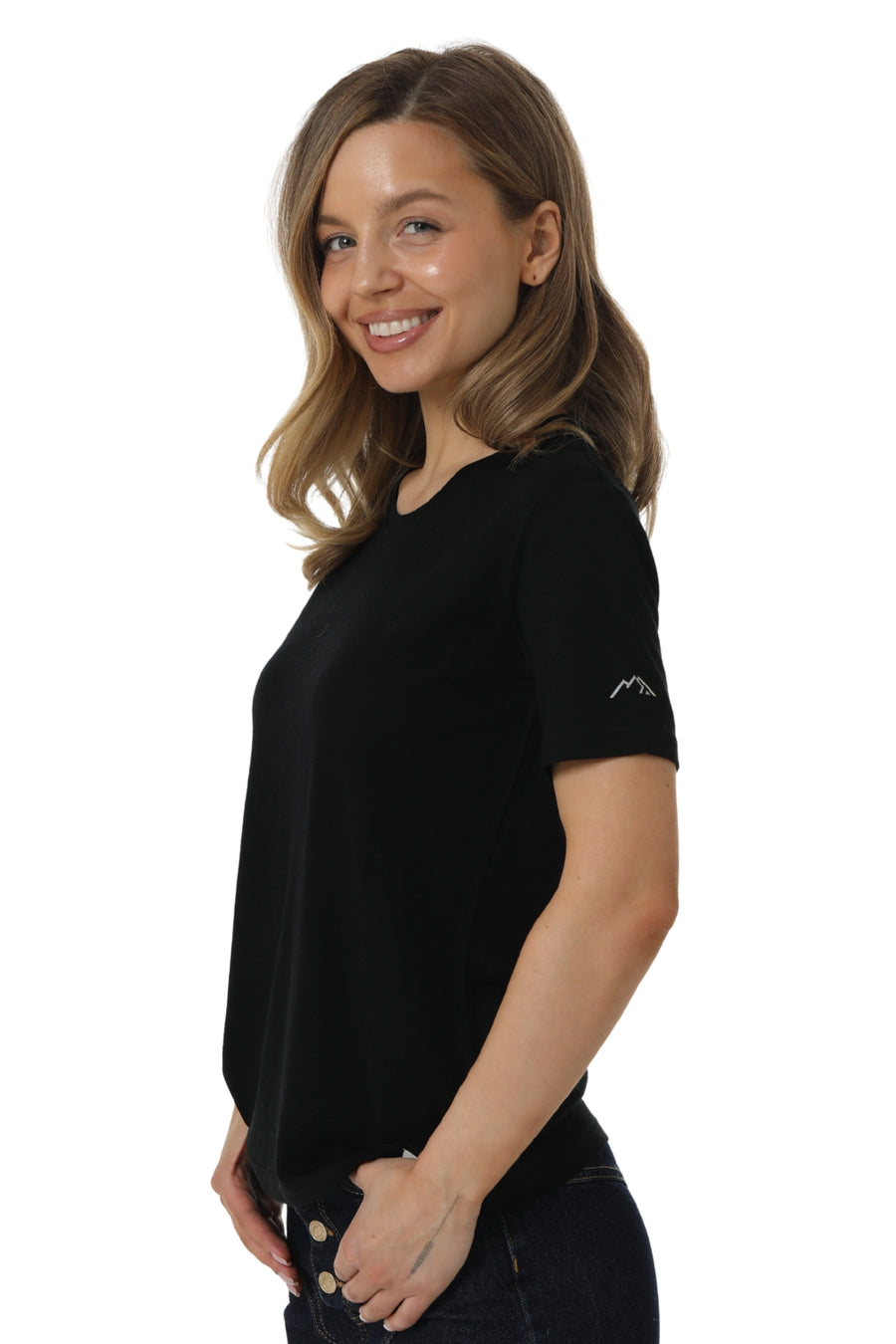 Women's Merino T-shirt 180 Black Crewneck with socks — back view