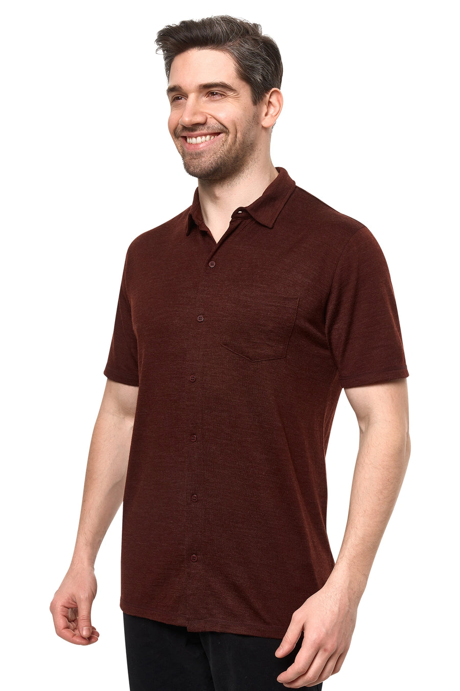 Men's Merino Button-Up Short Sleeve Shirt Bordo — view 2