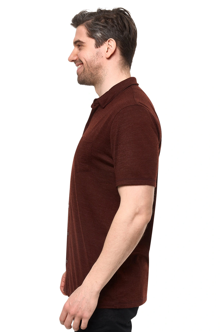 Men's Merino Button-Up Short Sleeve Shirt Bordo — view 3