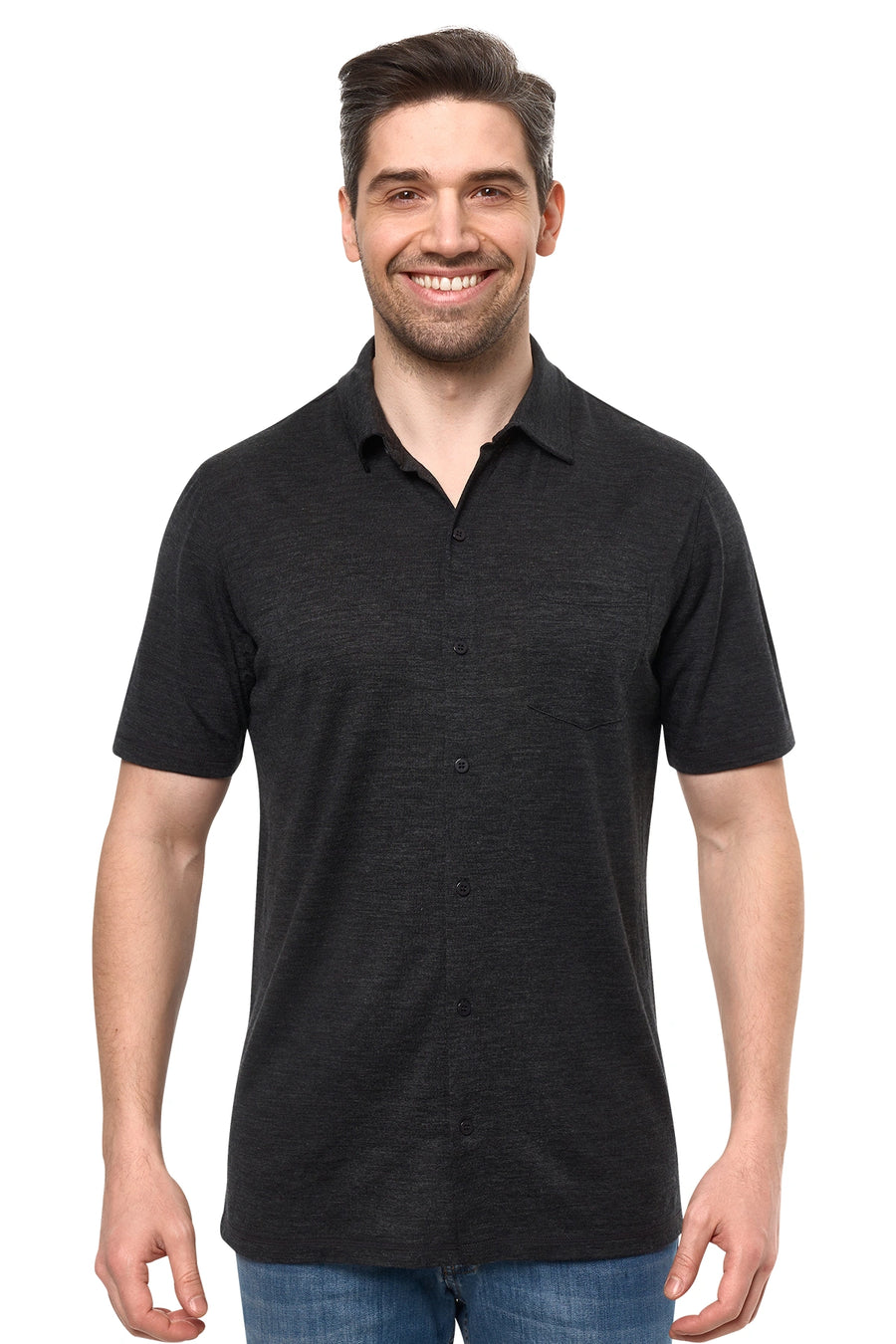 Men's Merino Button-Up Short Sleeve Shirt Charcoal