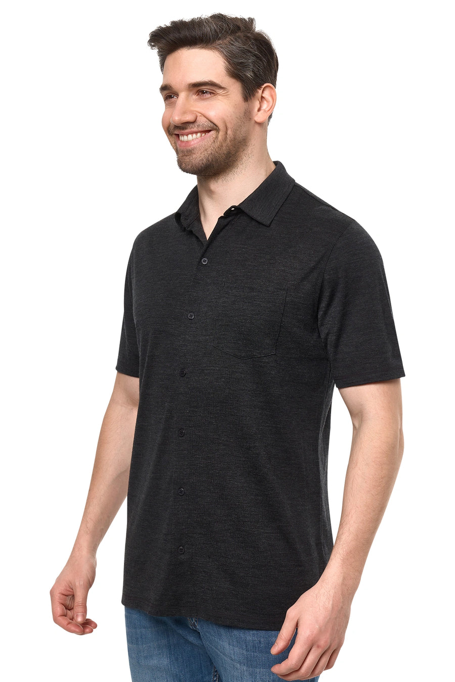 Men's Merino Button-Up Short Sleeve Shirt Charcoal — view 2