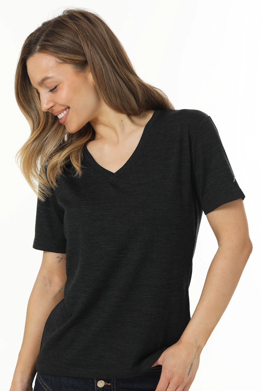 Women's Merino T-shirt 180 Charcoal V-Neck with socks — view 3