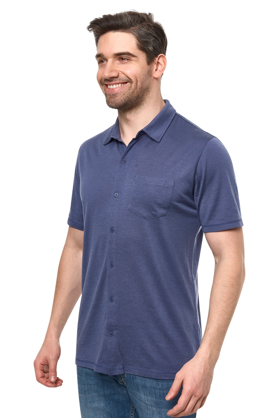 Men's Merino Button-Up Short Sleeve Shirt Dark Blue — view 2
