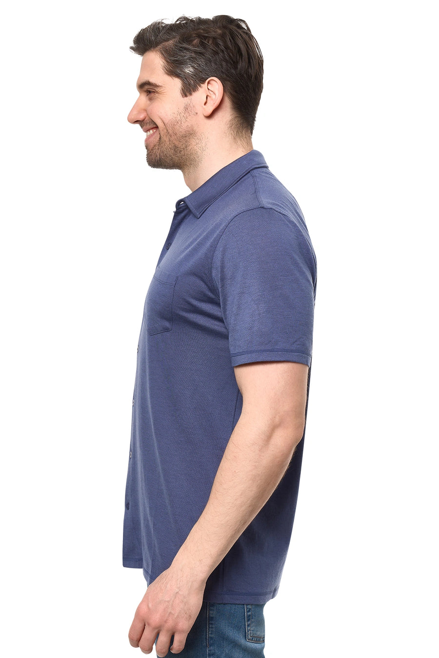 Men's Merino Button-Up Short Sleeve Shirt Dark Blue — view 3