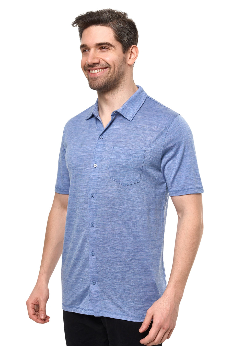 Men's Merino Button-Up Short Sleeve Shirt Deep Blue — view 2