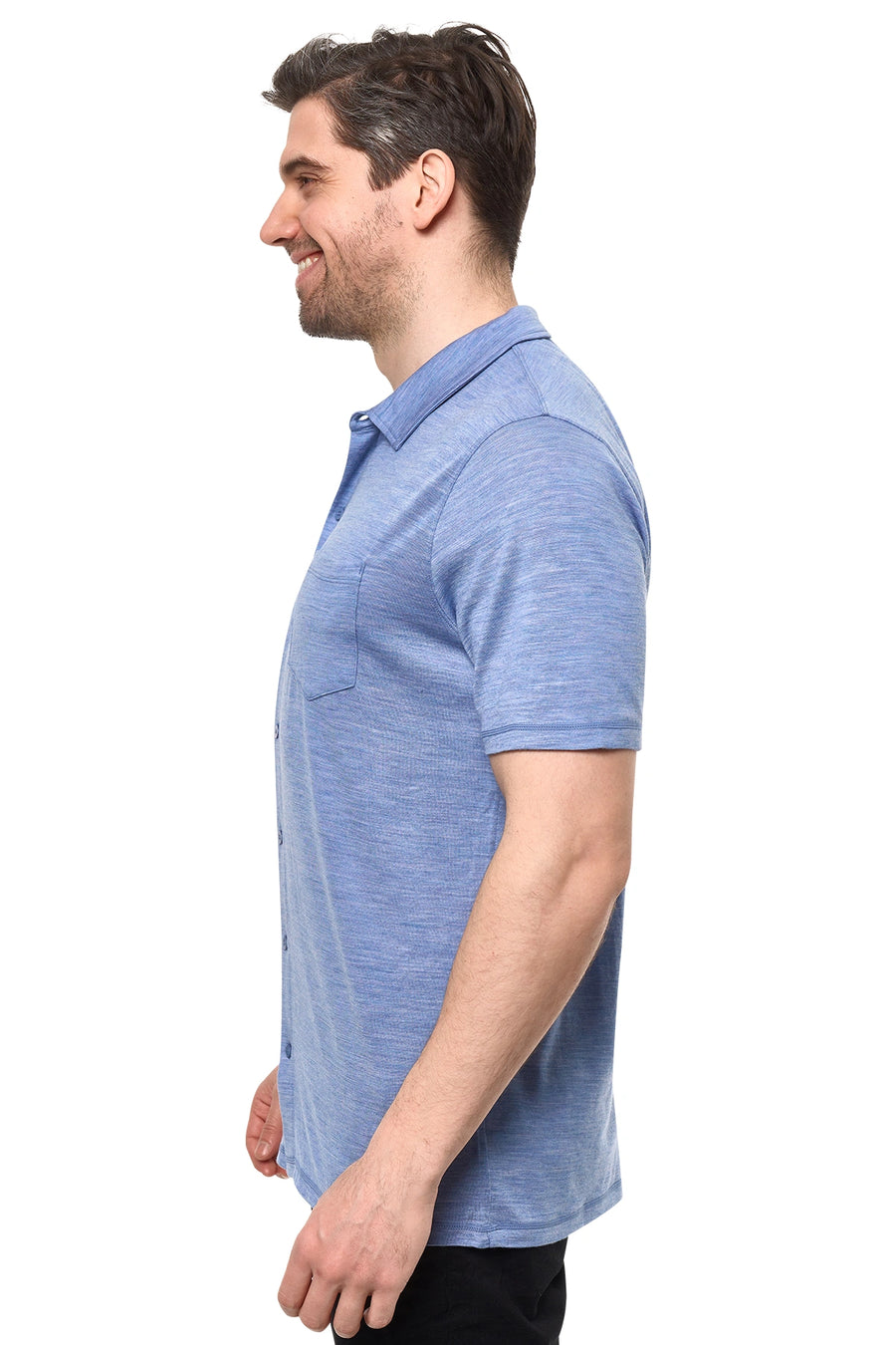 Men's Merino Button-Up Short Sleeve Shirt Deep Blue — view 3