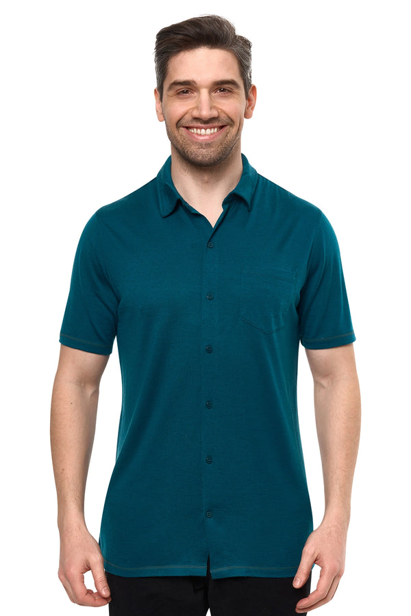 Men's Merino Button-Up Short Sleeve Shirt Deep Teal