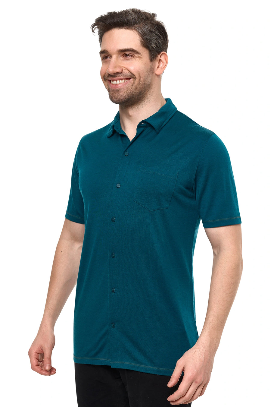 Men's Merino Button-Up Short Sleeve Shirt Deep Teal — view 2