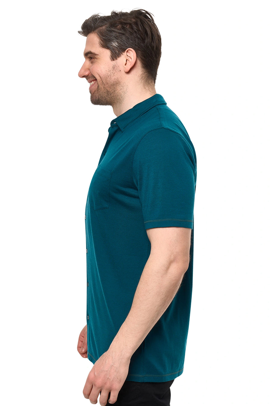 Men's Merino Button-Up Short Sleeve Shirt Deep Teal — view 3