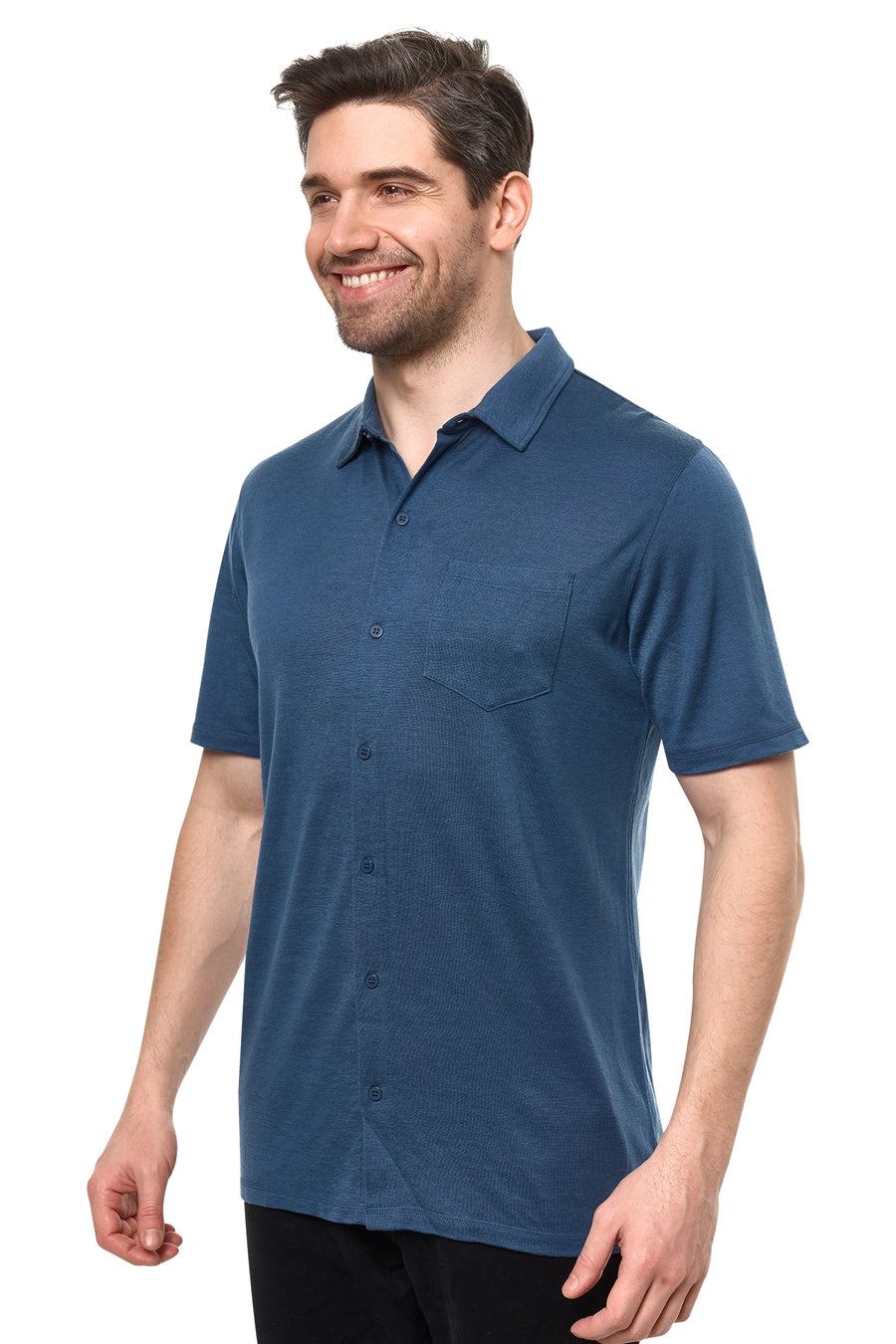 Men's Merino Button-Up Short Sleeve Shirt Denim — view 2