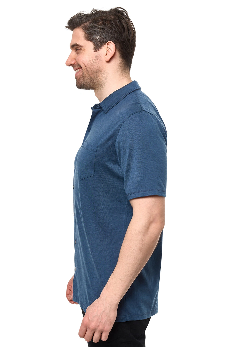 Men's Merino Button-Up Short Sleeve Shirt Denim — view 3