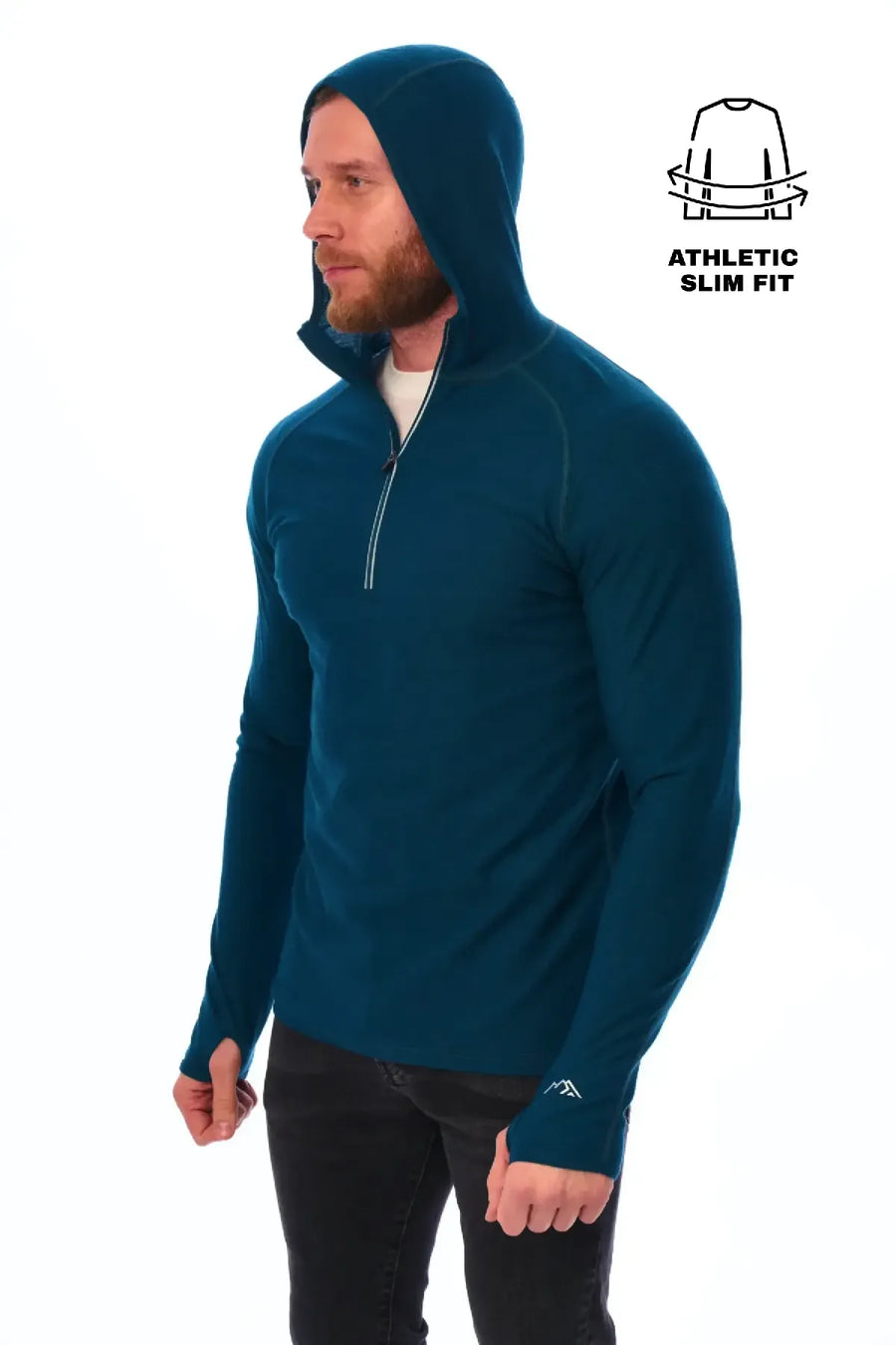 Men's Merino Wool Half Zip Hoodie 190 Deep Teal — view 2