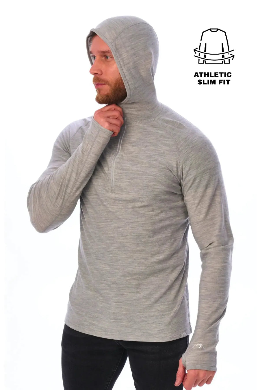 Men's Merino Wool Half Zip Hoodie 190 Heather Grey — view 2