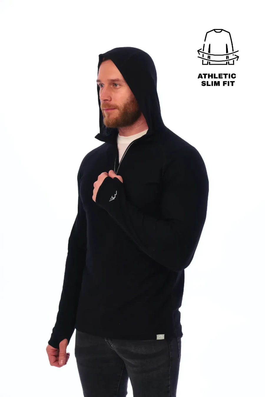 Men's Merino Wool Half Zip Hoodie 190 Black — view 2