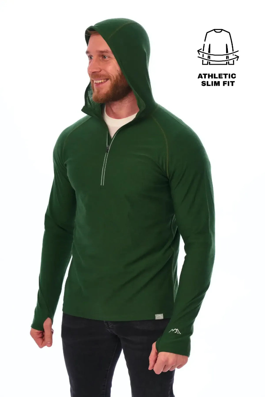 Men's Merino Wool Half Zip Hoodie 190 Olive — view 2